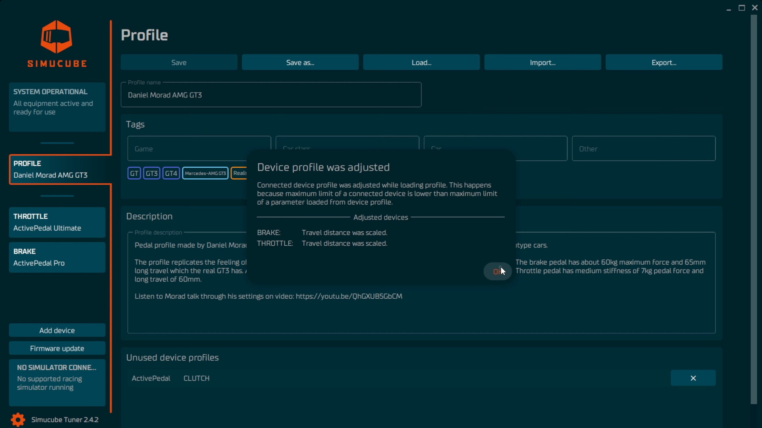 The profile configuration in Simucube Tuner.