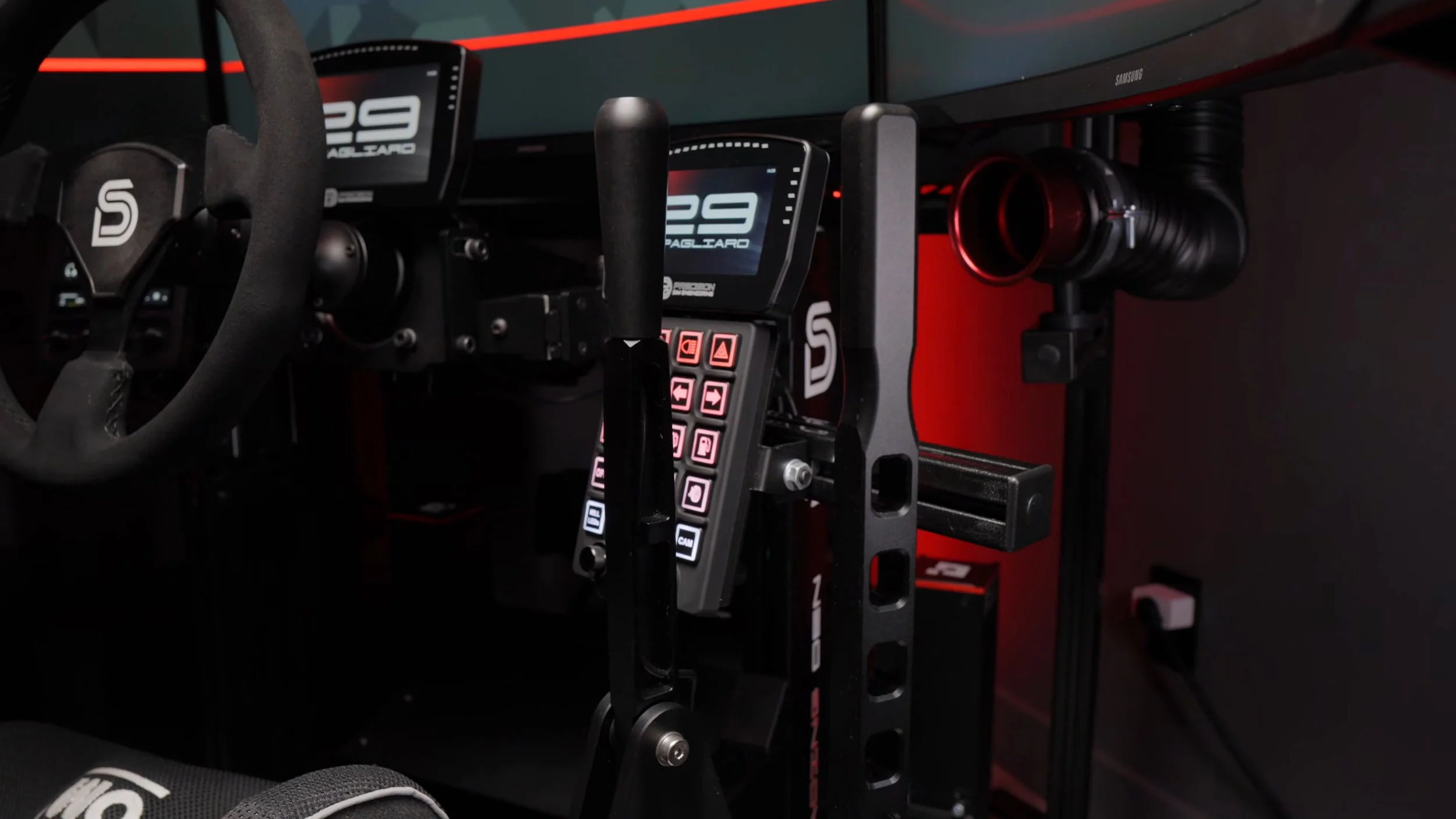 A wider view of the installed shifter and handbrake.