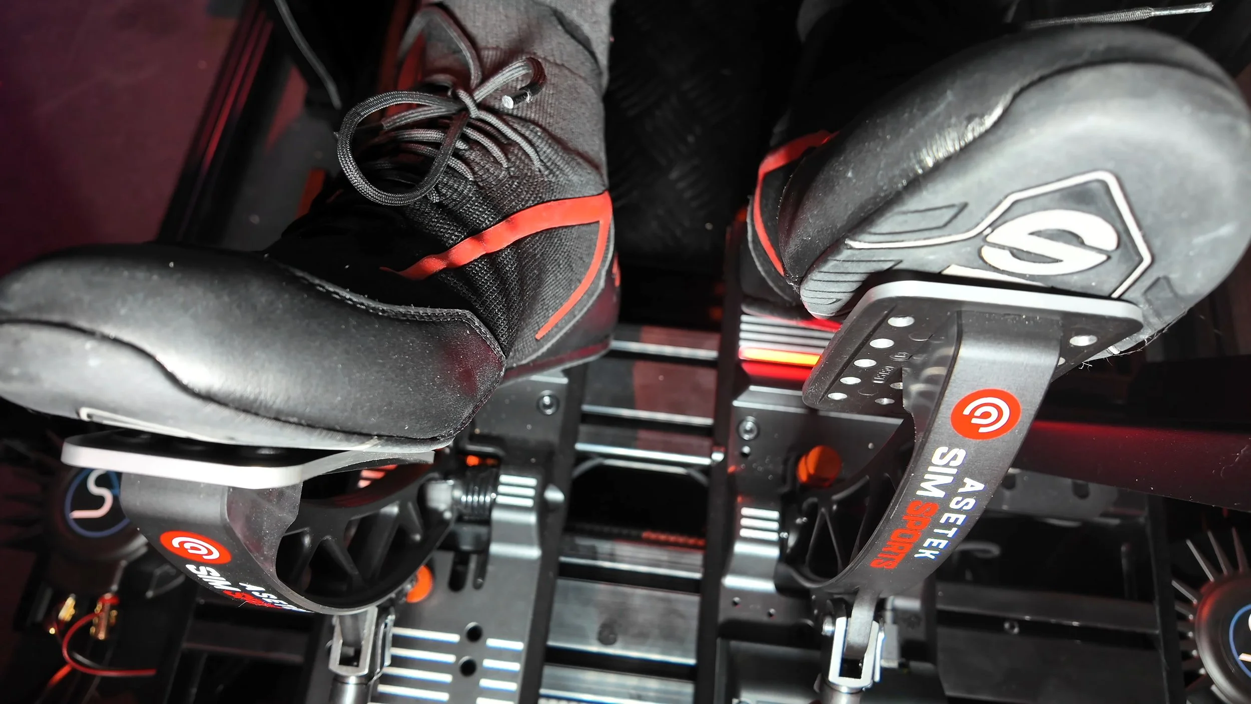 The pedals in use with racing shoes.