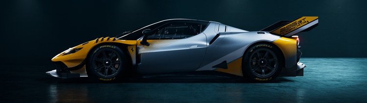 Silver and yellow Ferrari 296 GT Modificata in side profile inside a dark studio, with the entire car and rear wing visible.