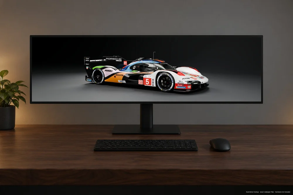 Porsche 963 wallpaper on an ultrawide desktop monitor; illustrative mockup
