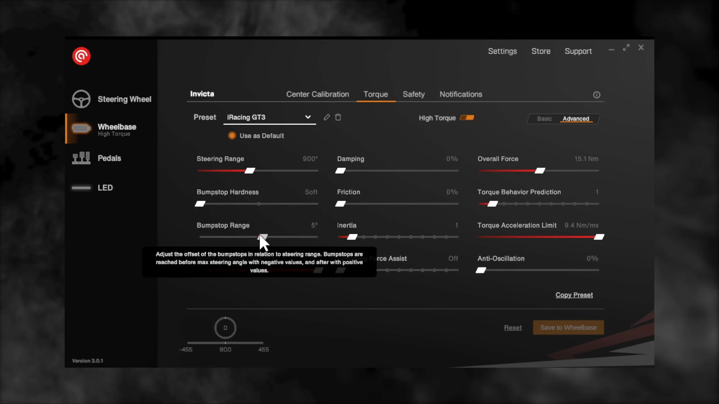 The wheelbase tuning settings in RaceHub.