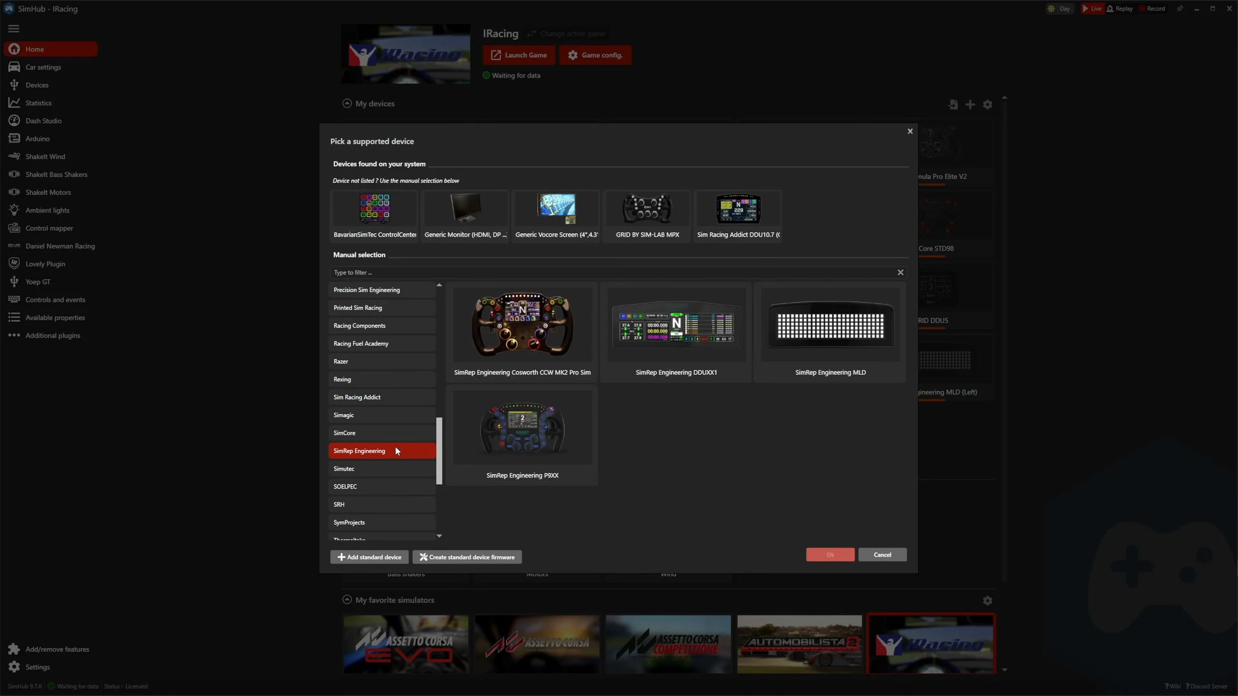 The dashboard setup in SimHub.