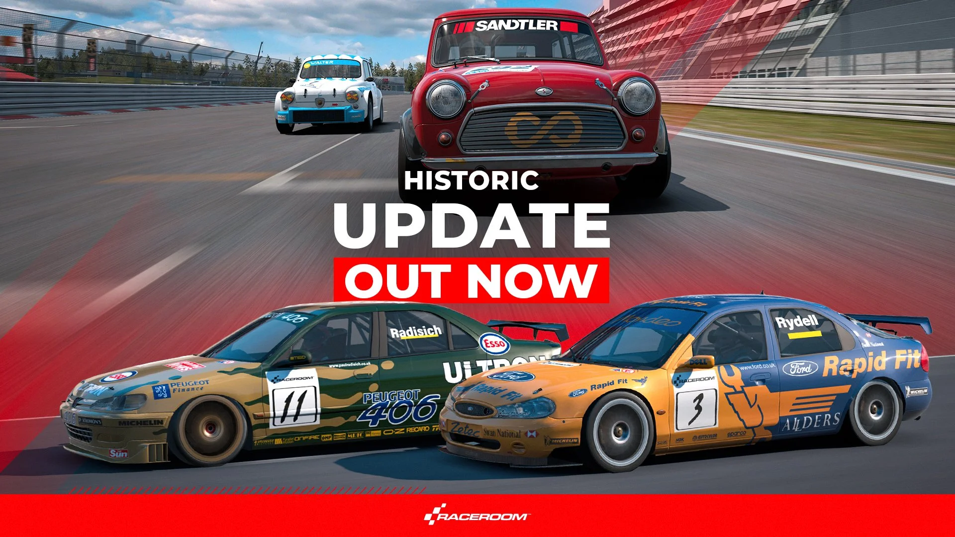 RaceRoom Historic Update official artwork showing Mini and Abarth Group 2 cars alongside Super Touring cars.