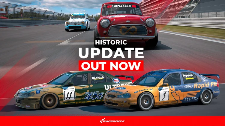 RaceRoom Historic Update official artwork showing Mini and Abarth Group 2 cars alongside Super Touring cars.