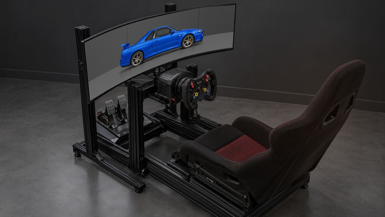 Nightline final dark wallpaper fitted to a curved ultrawide sim-racing display