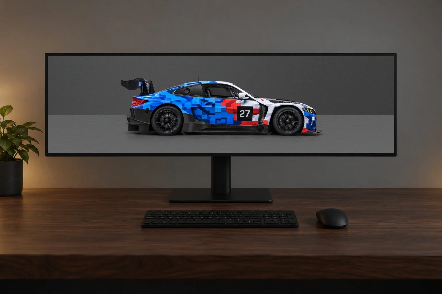 Parallax in Geometric Race Livery on an ultrawide desktop monitor, dark background