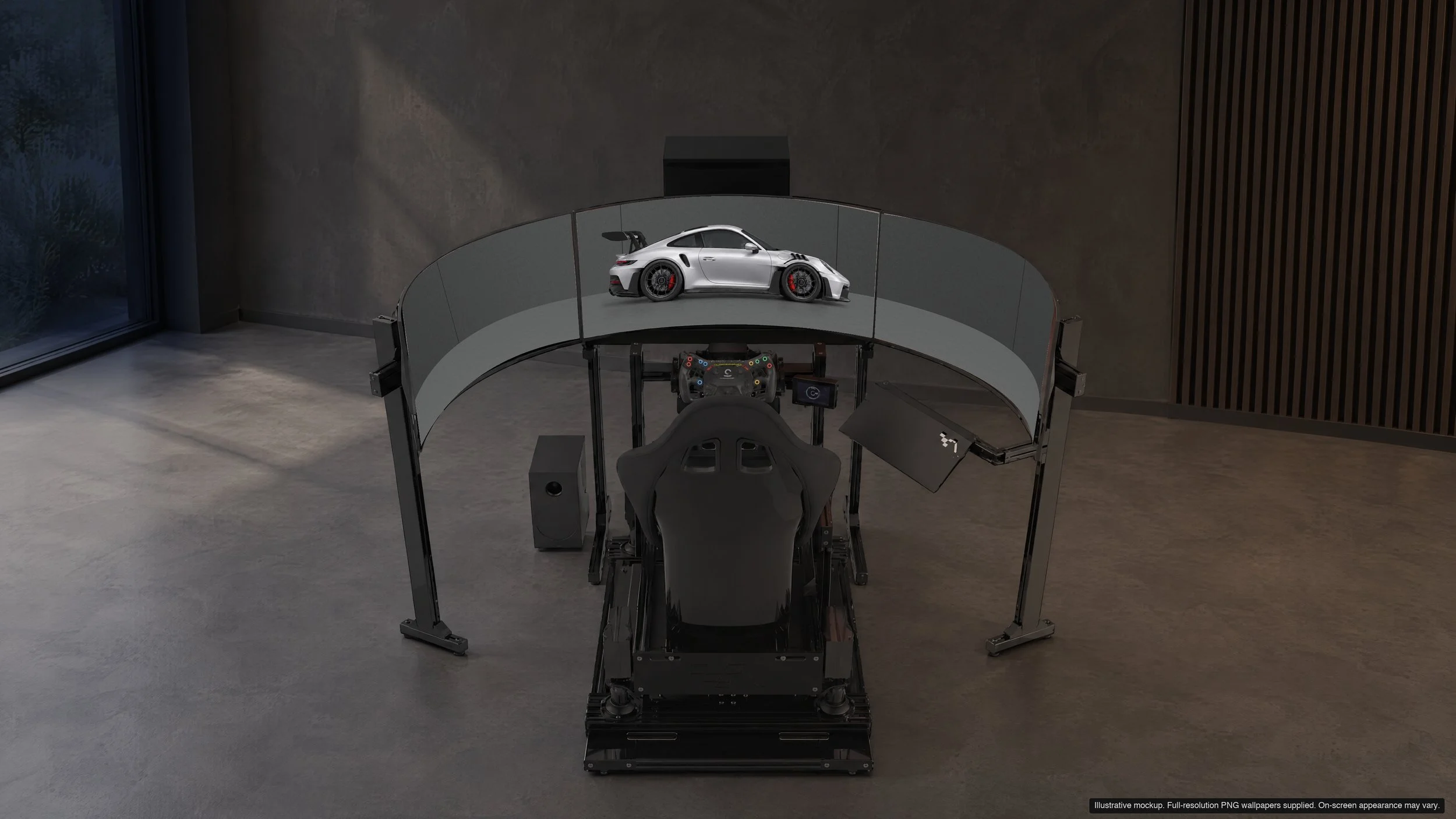 Apex silver minimal car wallpaper on the centre display of a triple-monitor sim racing rig