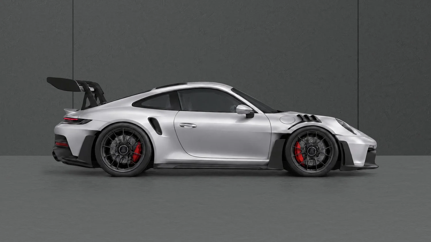 Apex GT Silver Metallic minimal car artwork in a dark concrete setting, without a display mockup