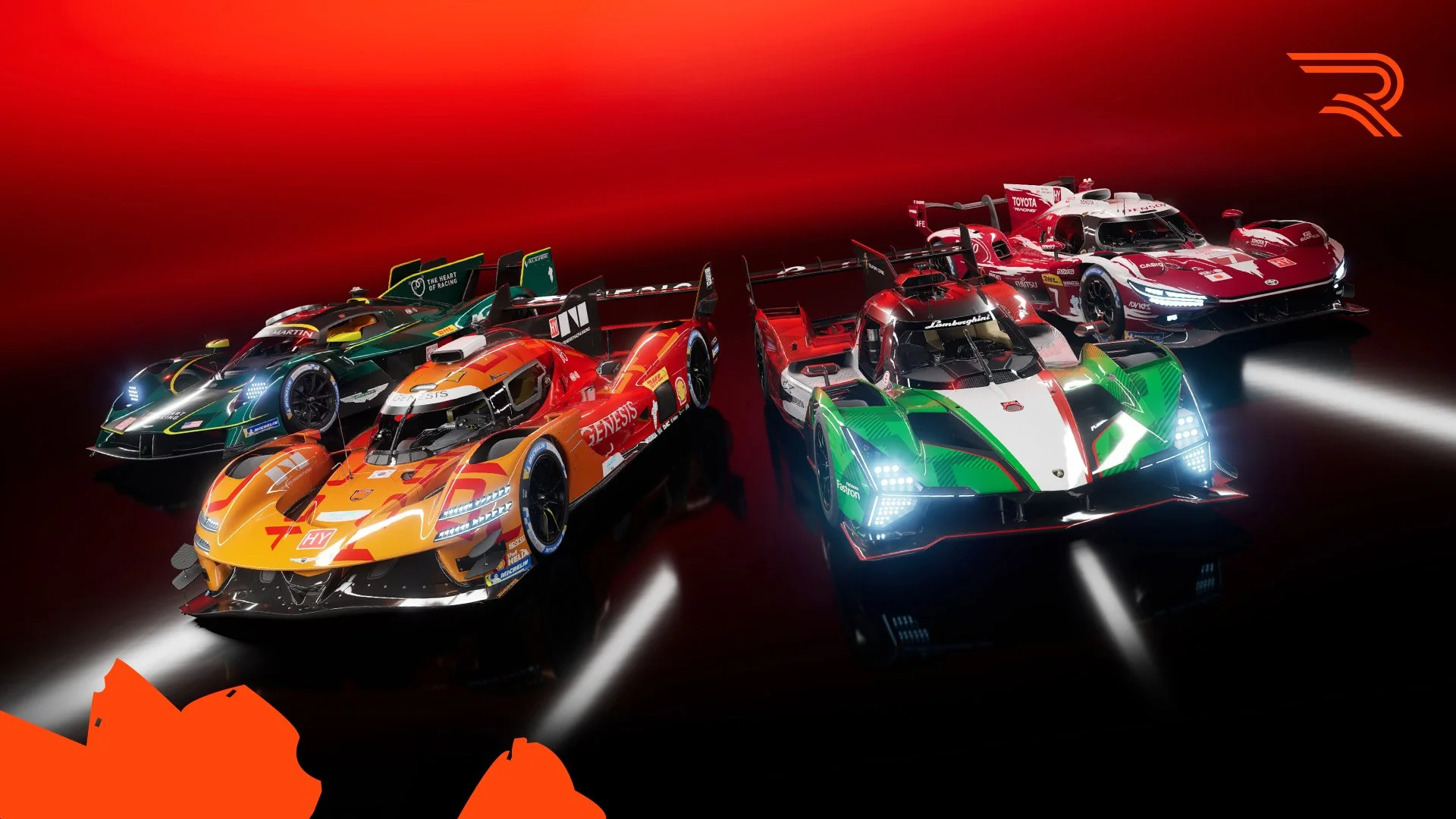 Official RENNSPORT Hypercar Expansion artwork showing four prototype race cars on a red and black background.