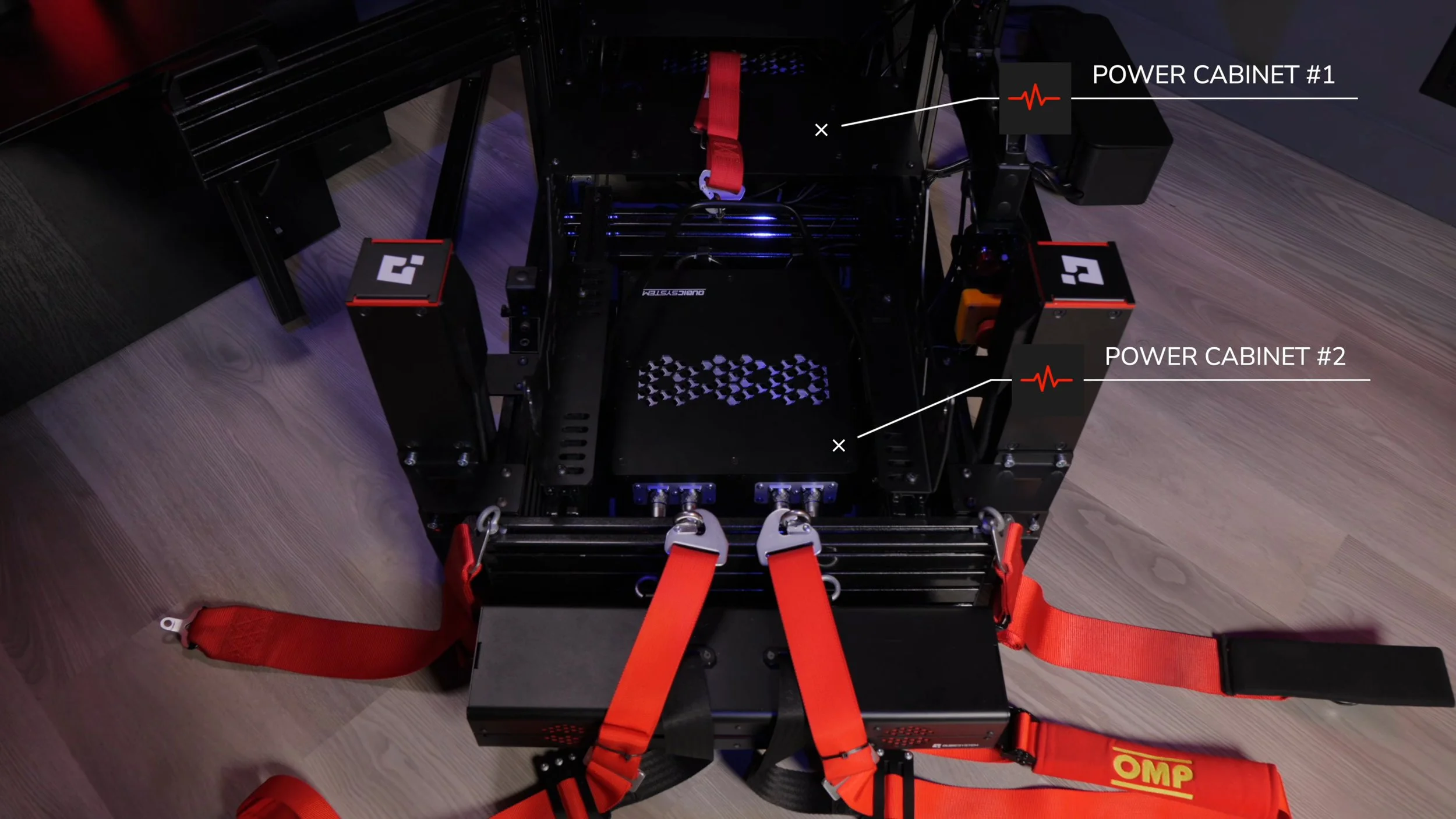 The motion-system installation and labelled power cabinets.