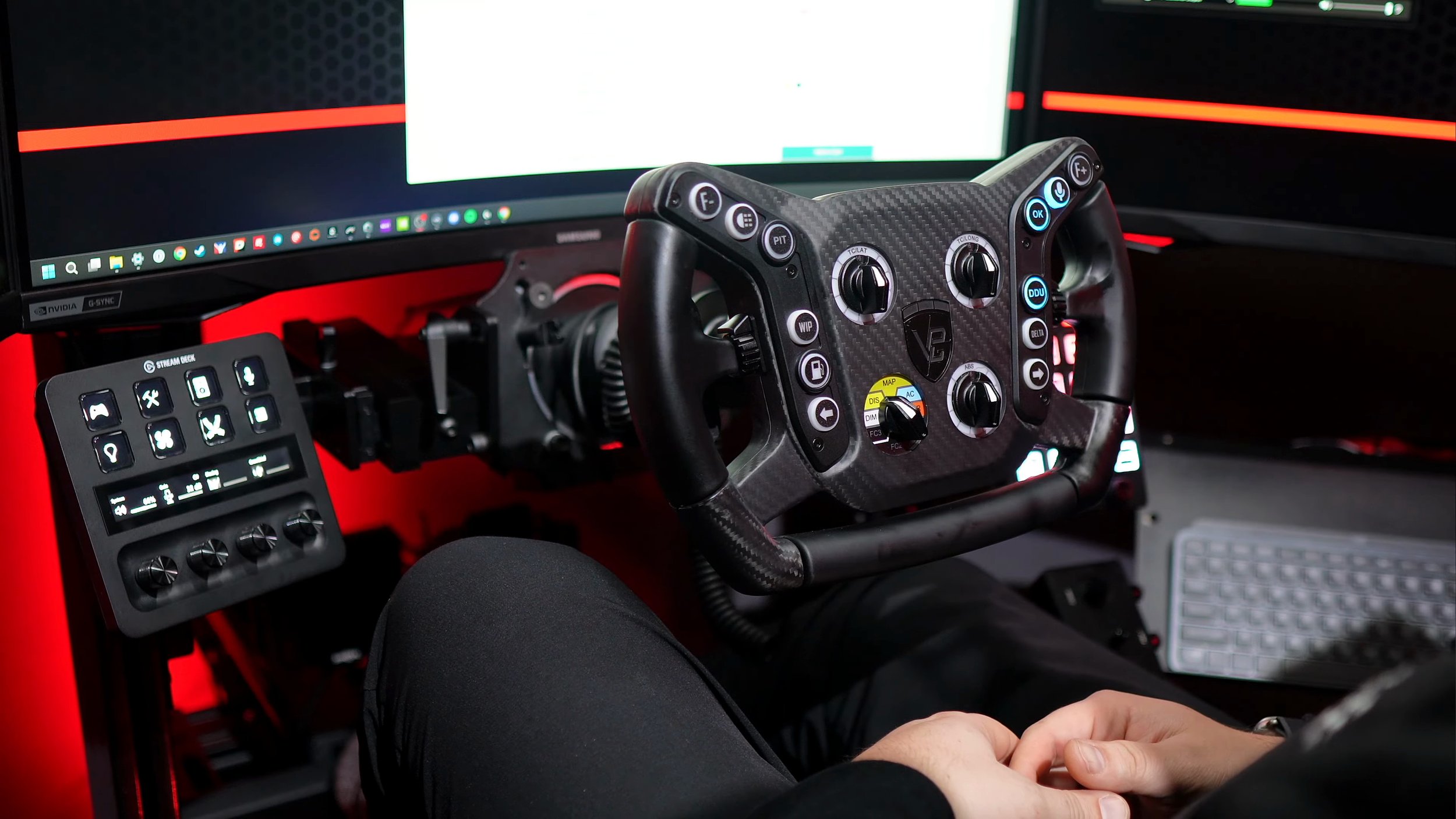 The steering wheel attached to the rig.