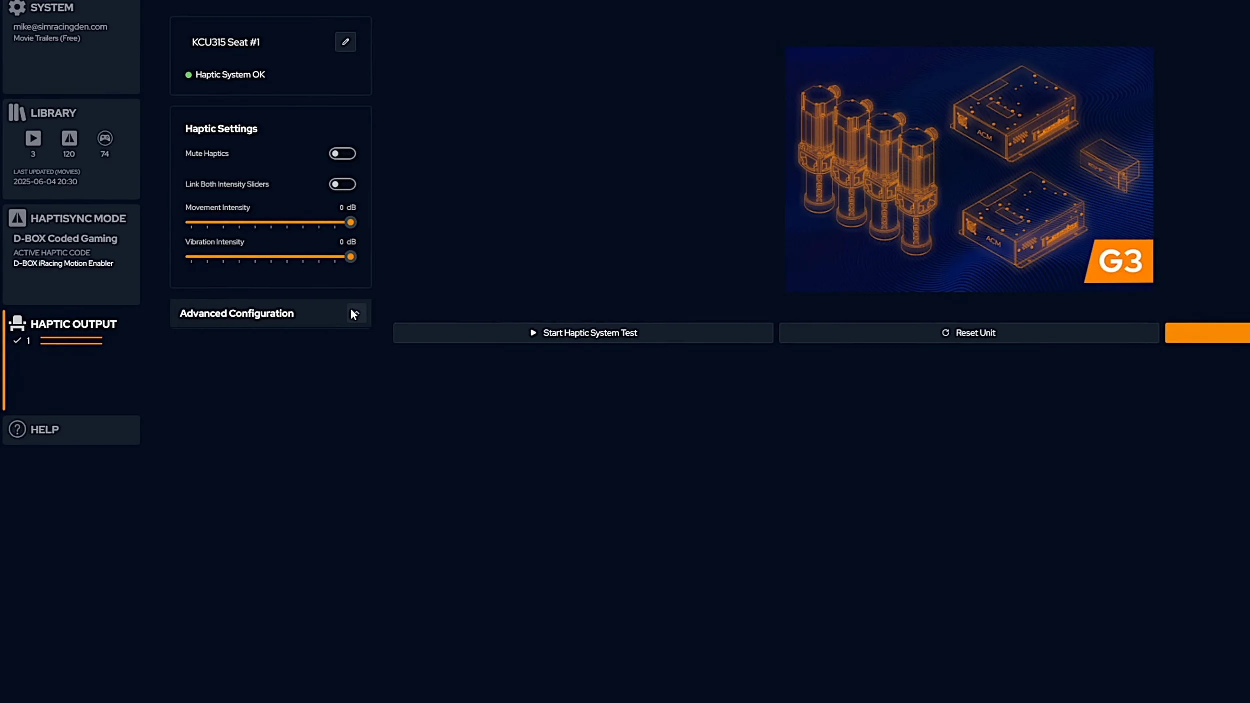 The D-BOX haptic configuration screen.