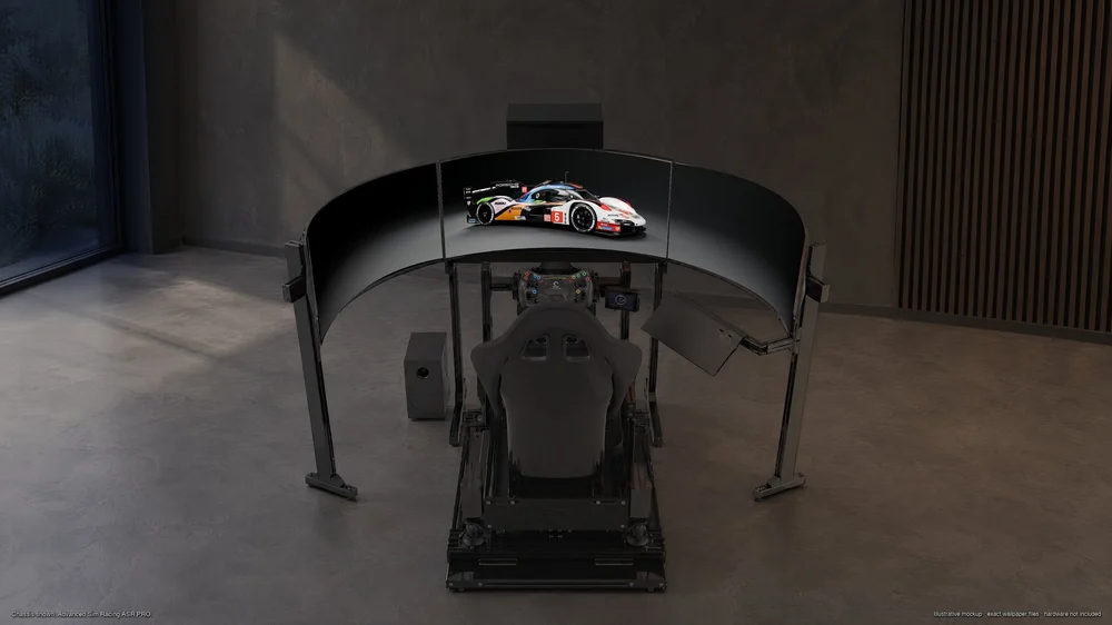Porsche 963 wallpaper on a triple-monitor sim racing rig; illustrative mockup