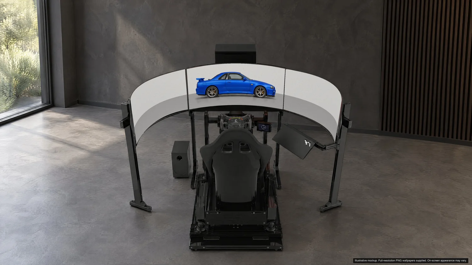 Nightline Bayside Blue minimal car wallpaper, light backdrop on a triple-monitor sim rig with the car on the centre display