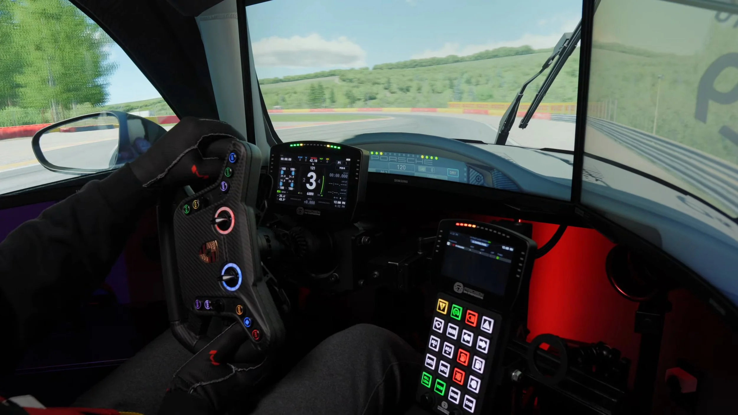Using the Porsche wheel on my triple-screen rig.