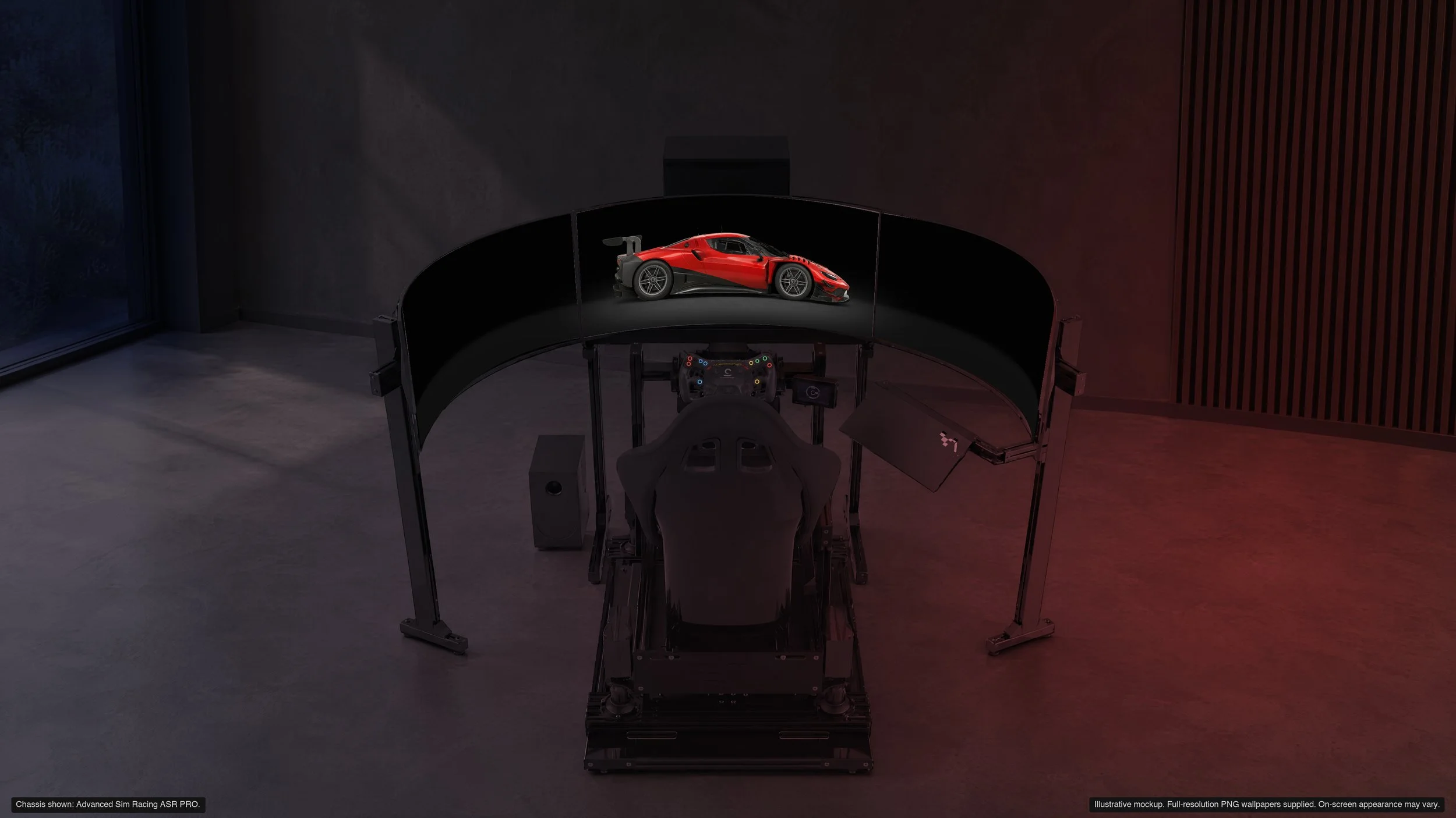 Ignition in Midnight on a triple-screen sim rig