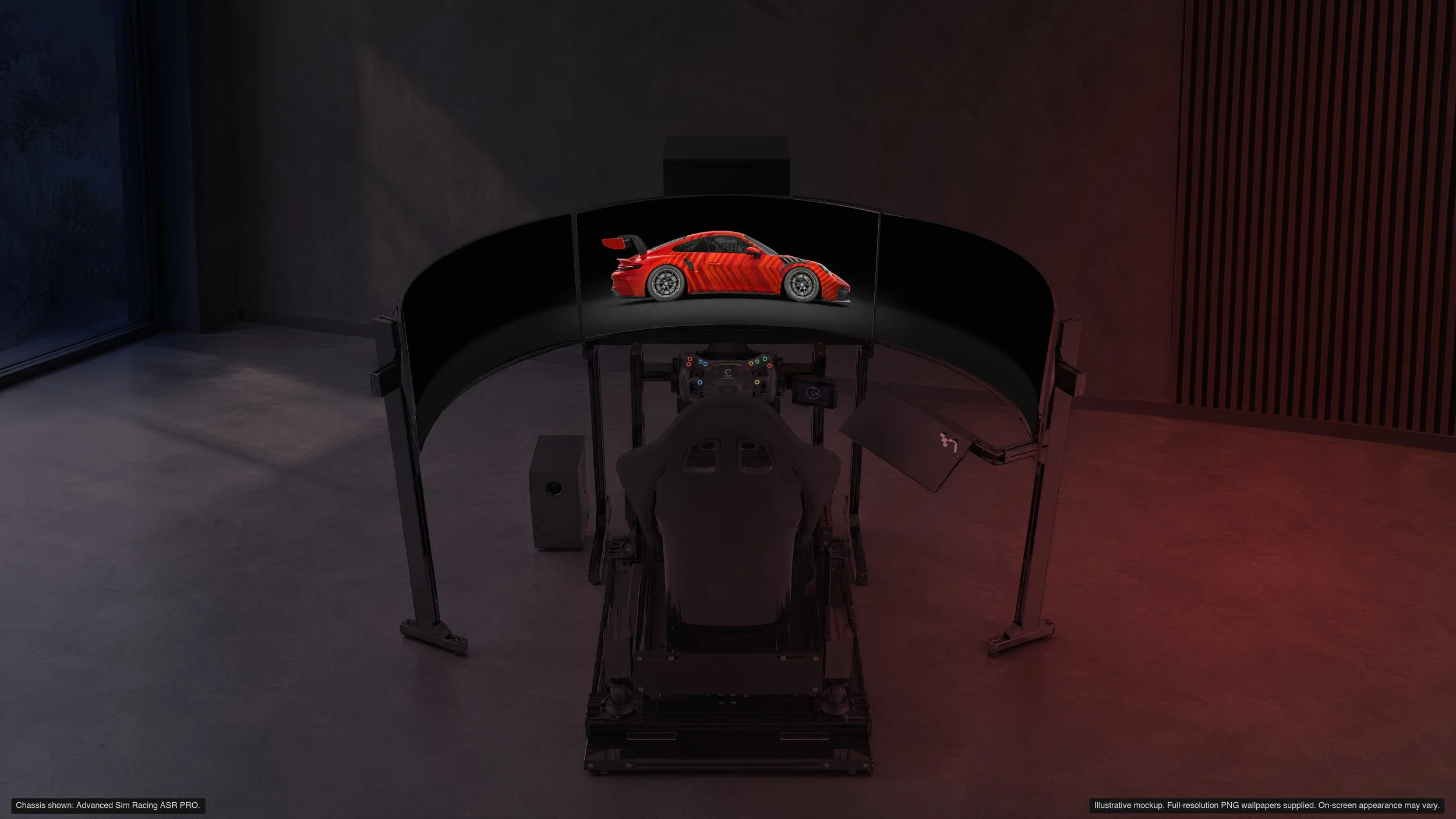 Podium in Midnight on a triple-screen sim rig