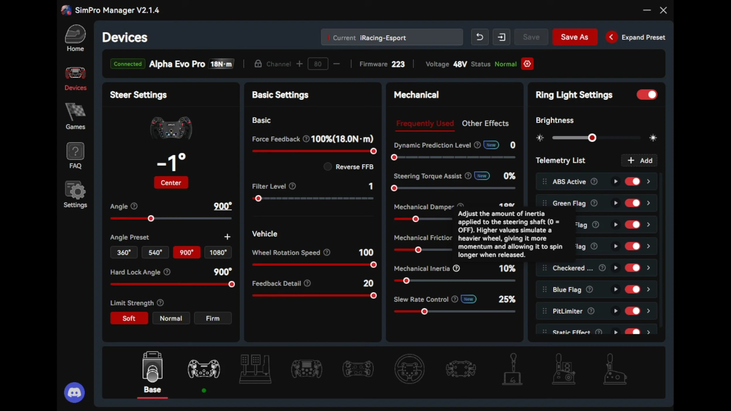 The SimPro Manager wheelbase settings.
