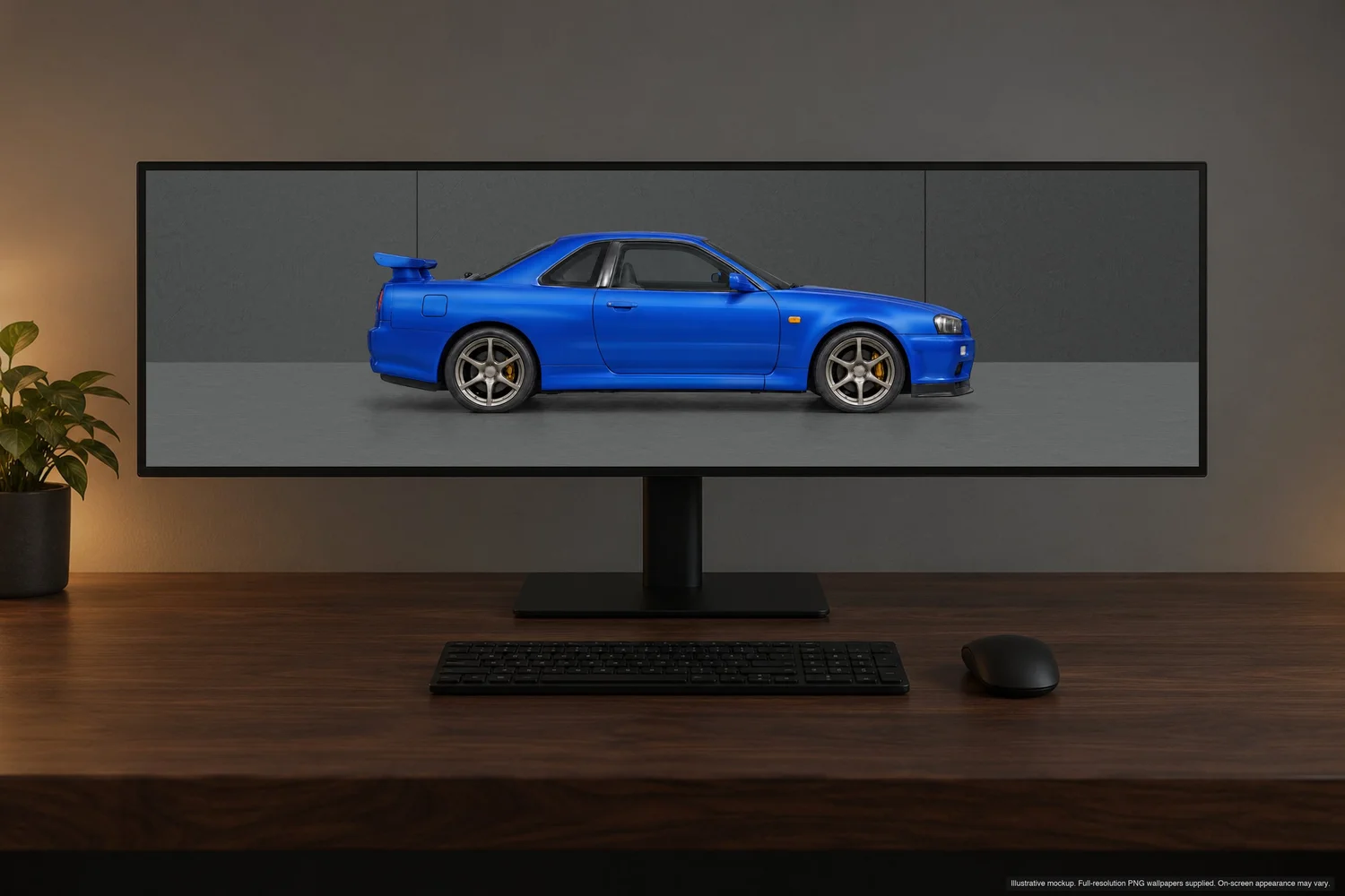 Nightline blue minimal car wallpaper on a 32:9 ultrawide desk display