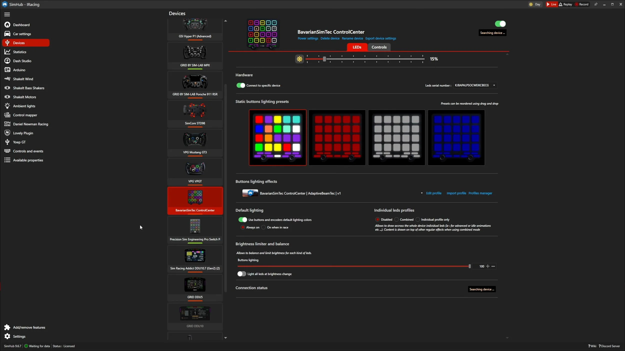 The lighting configuration in SimHub.