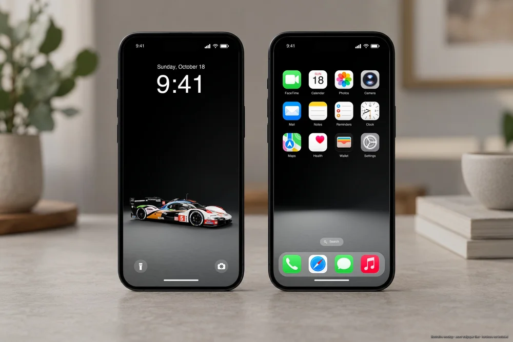 Porsche 963 matching mobile Lock and car-free Home Screen wallpapers; illustrative mockup