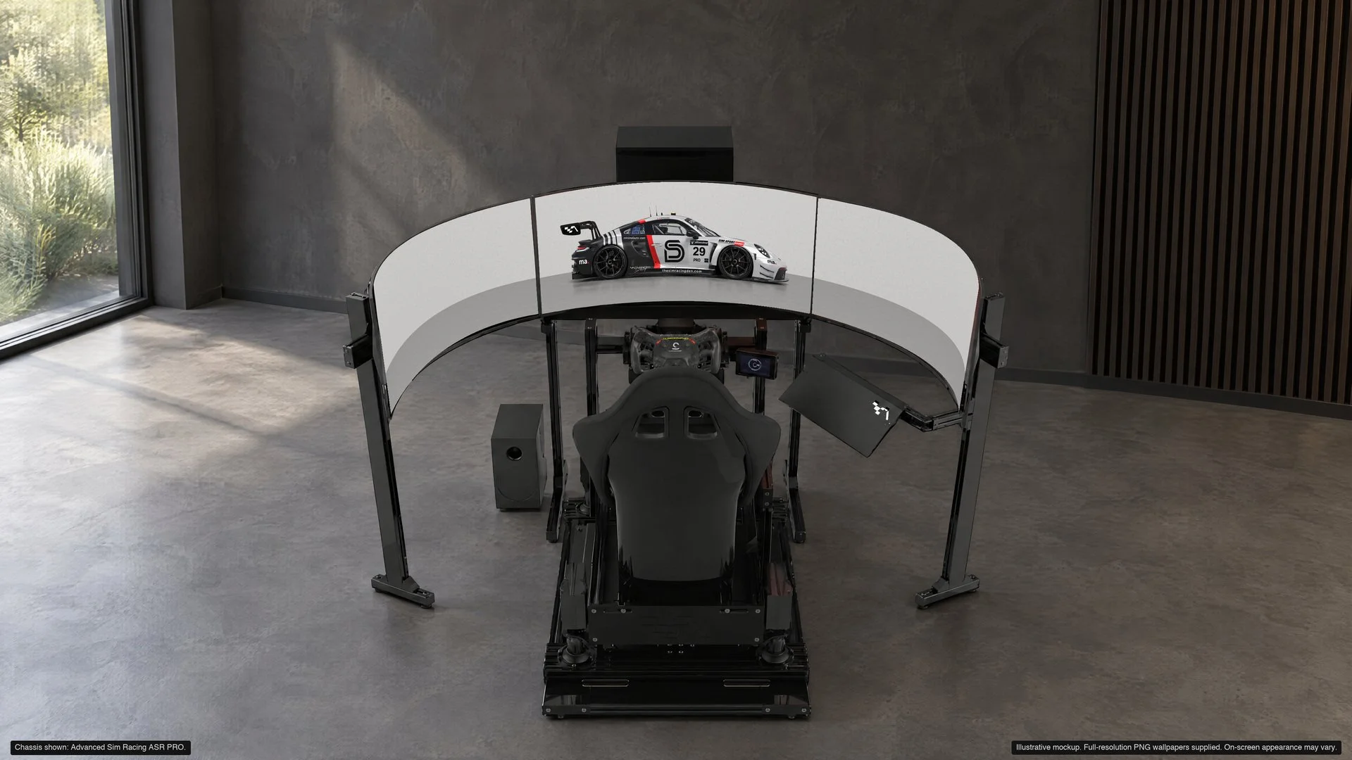 Free Afterburn SRD Edition wallpaper across the approved triple-monitor sim rig, with the car on the centre screen