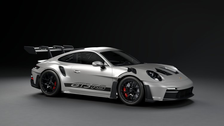 Porsche 911 (992) GT3 RS — 992.1 · GT Silver Metallic, 3D-rendered car wallpaper in a minimal studio