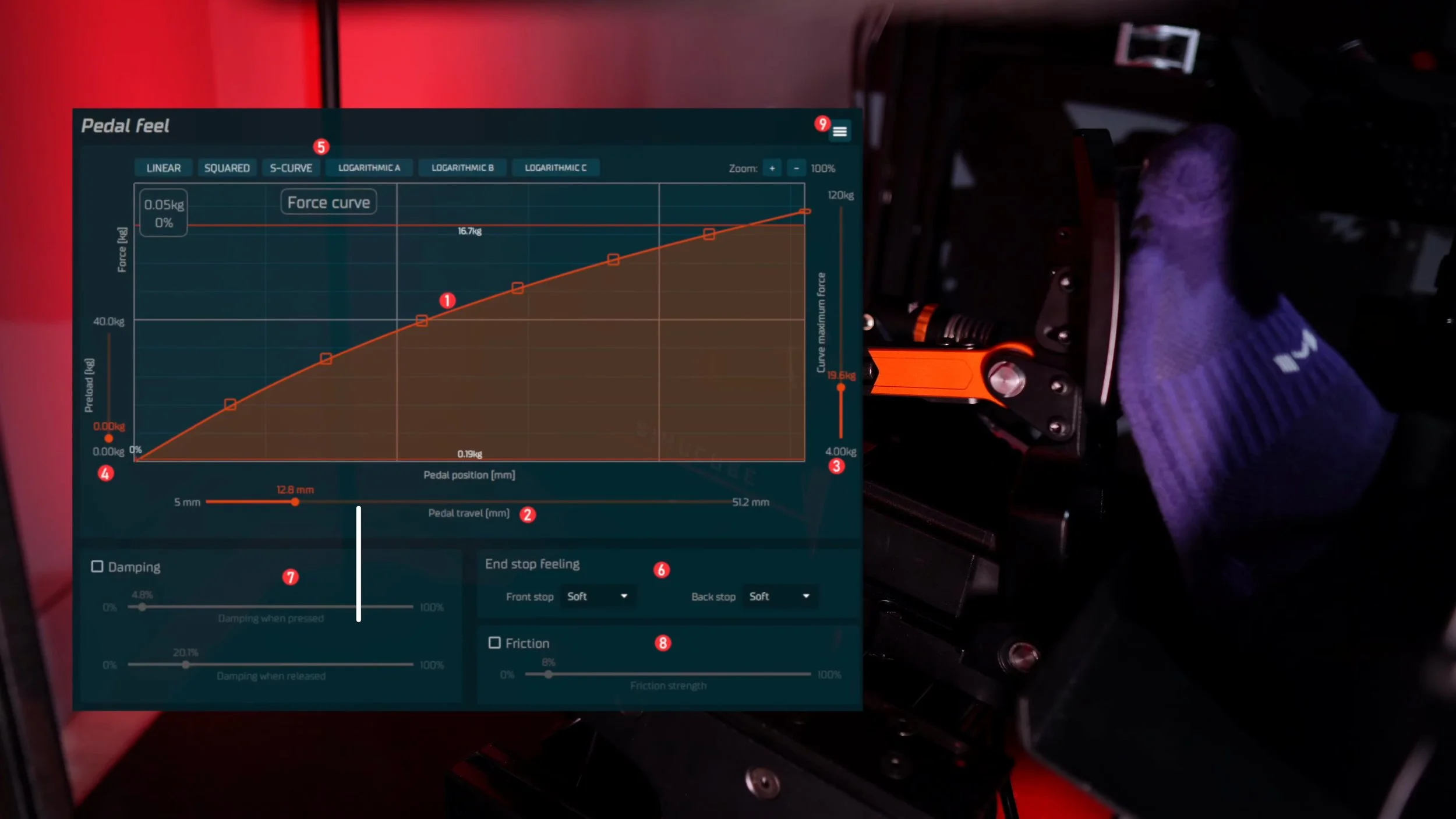 The pedal response curve shown alongside the hardware.