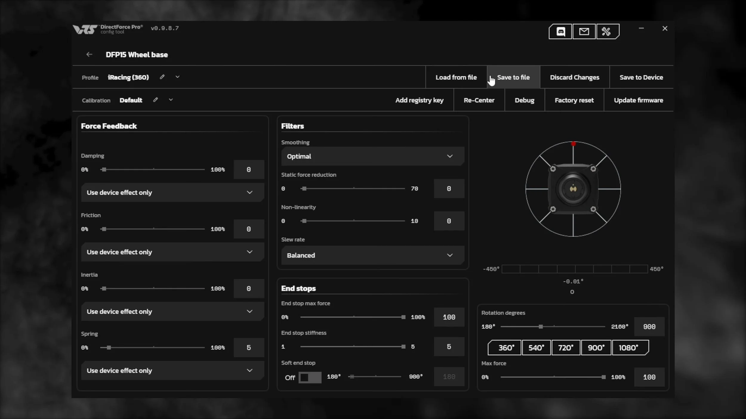 The wheelbase force-feedback settings.