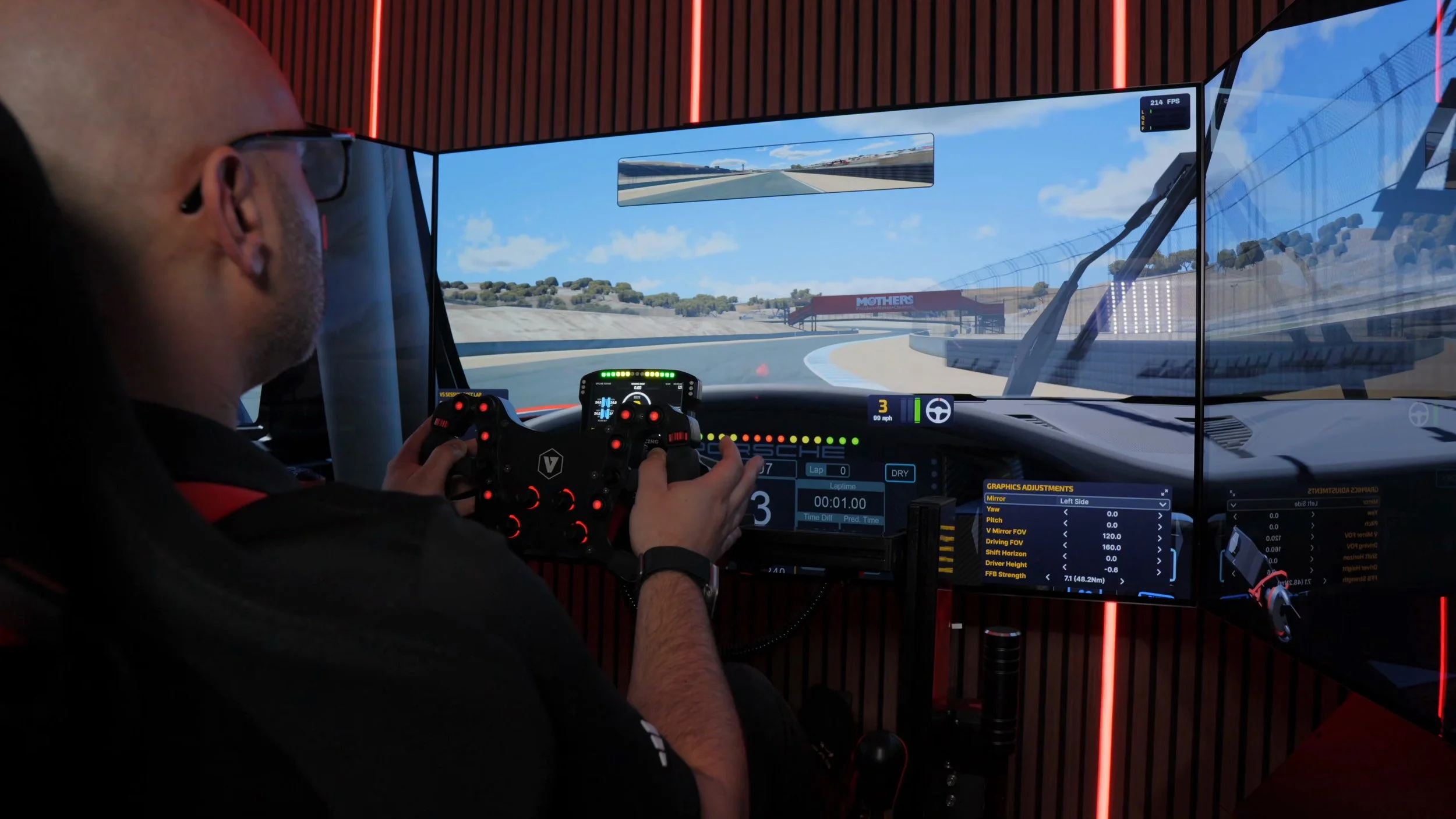 Driving with the triple-screen display during the visit.