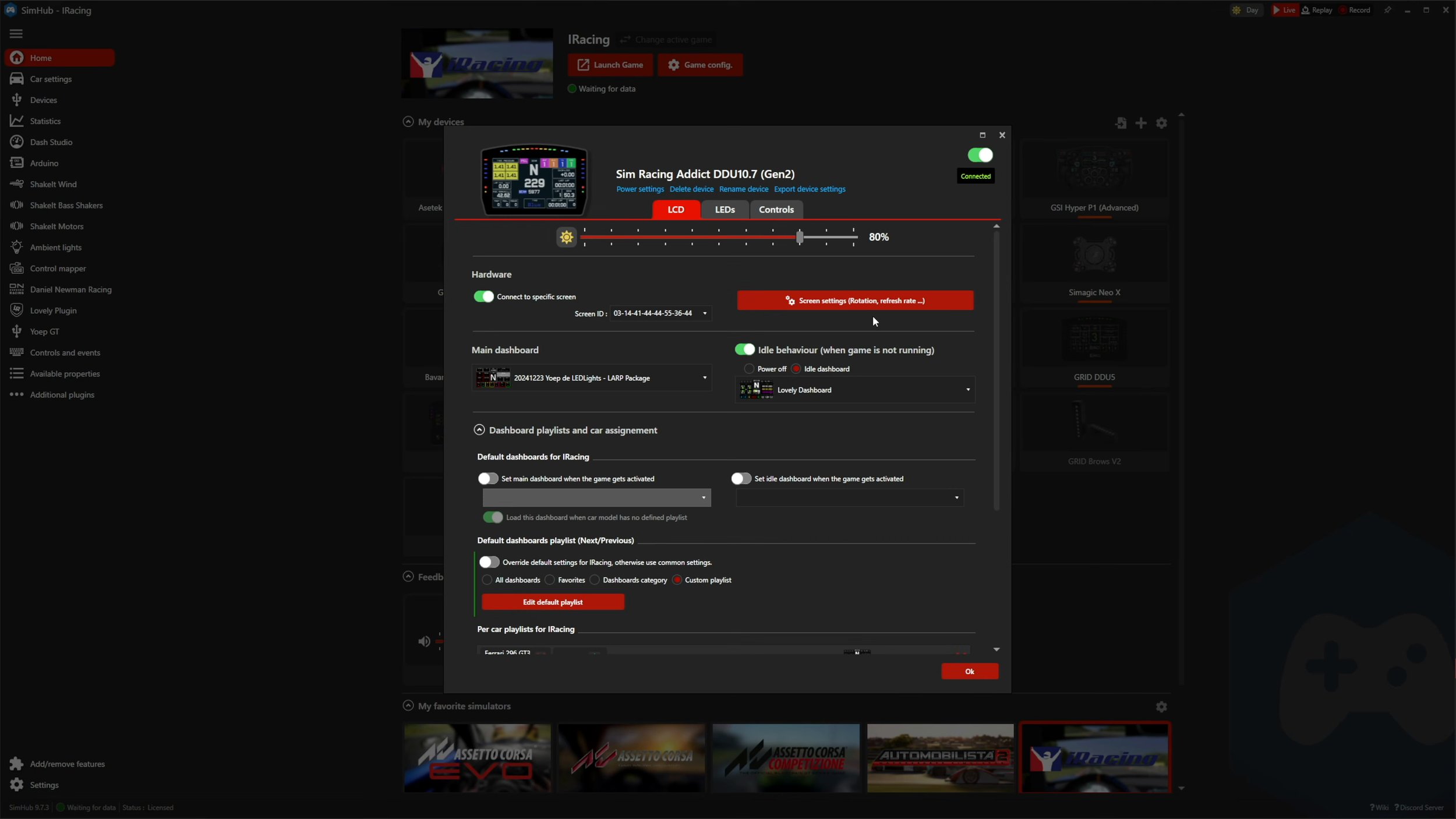 The display configuration in SimHub.