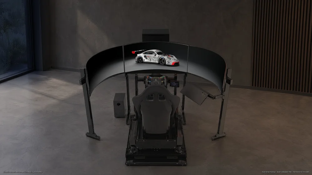 Porsche 911 GT3 R EVO 2026 wallpaper displayed on a triple-monitor sim racing rig; illustrative mockup