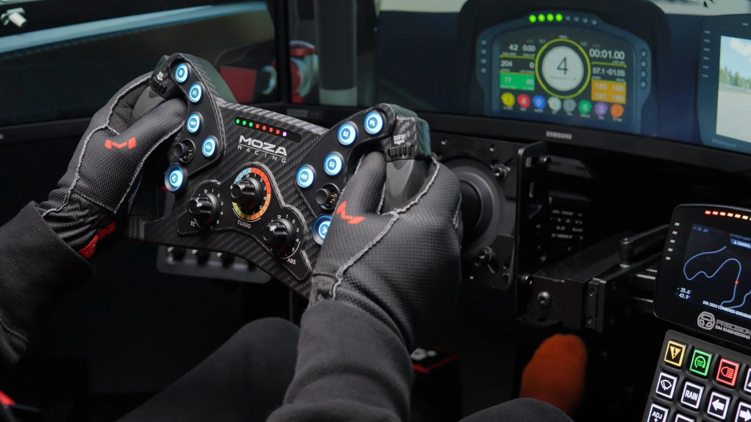 The steering wheel and wheelbase in use.