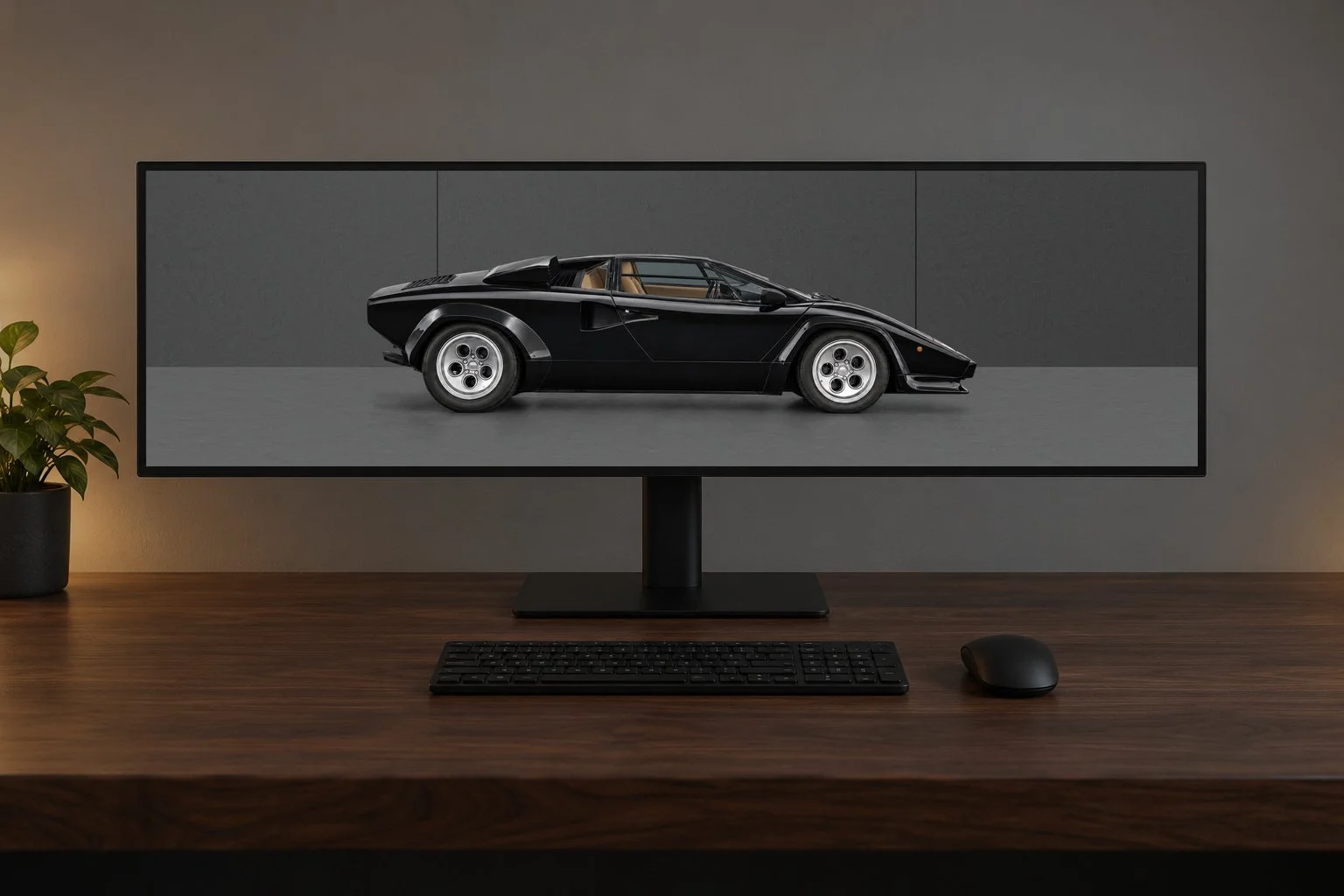 Obsidian in Black with Tan Interior on an ultrawide desktop monitor, dark background