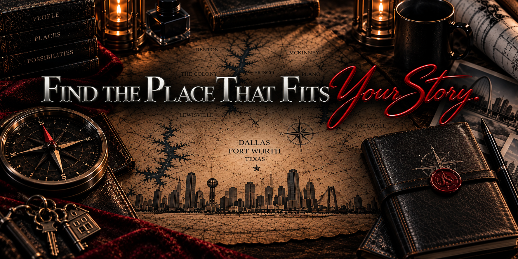 Find the Place That Fits Your Story. A Dallas–Fort Worth map with a compass, journal and keys.