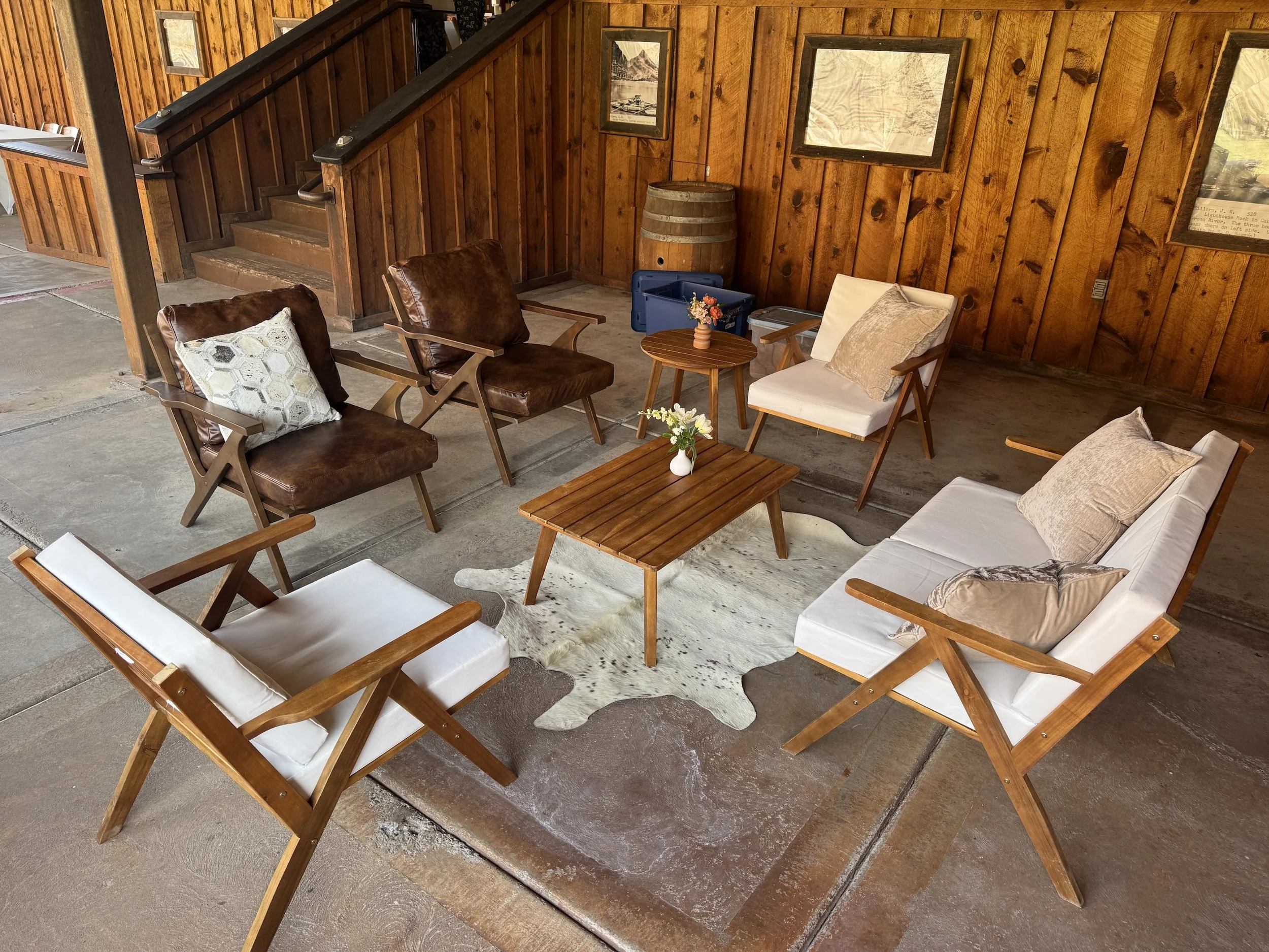 A collage of Stargazer rental furniture and decor pieces.