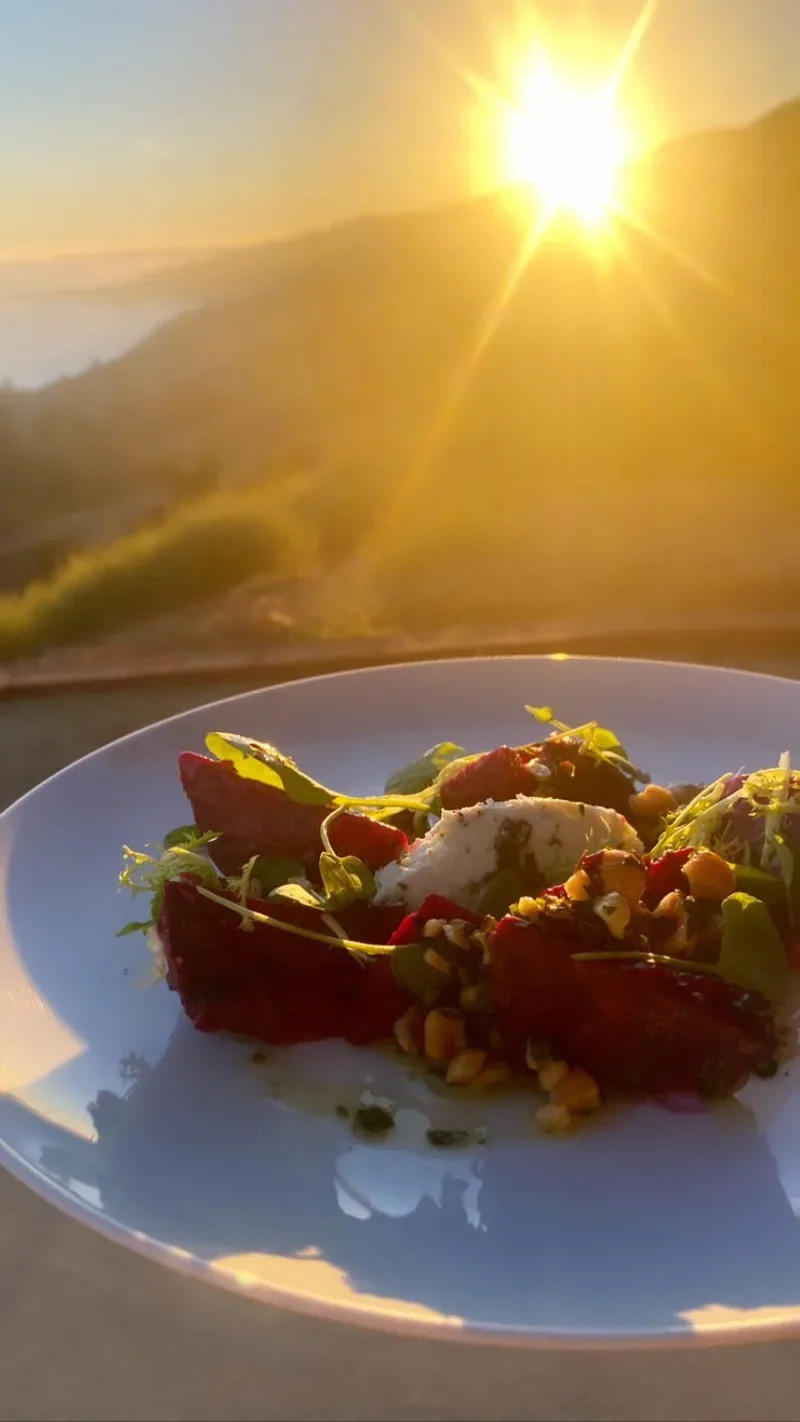 A colorful plated salad photographed in warm sunlight, prepared by Chef Collin.