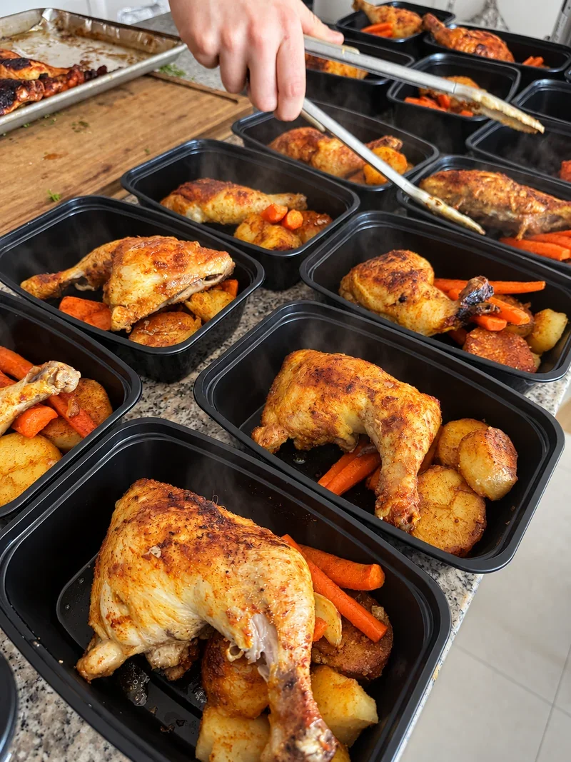 Freshly cooked chicken being portioned into meal containers