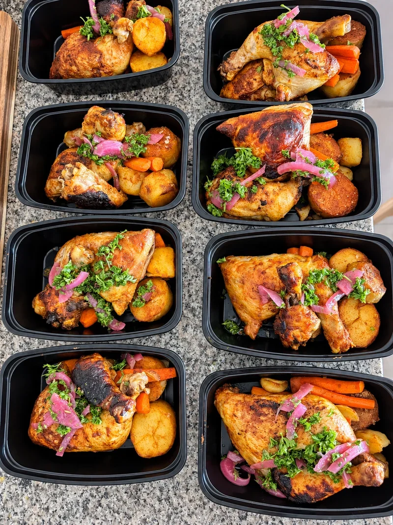 Individual portions of roasted chicken and vegetables in black meal containers
