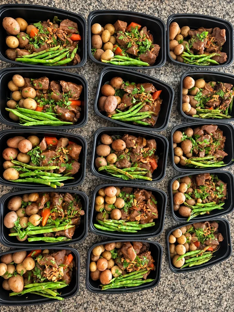 Chef-prepared beef, potatoes and green vegetables in individual meal containers
