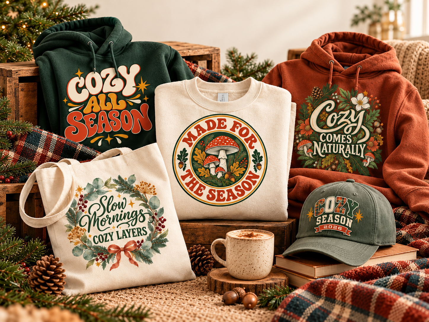 The Cozy Collection: printed hoodies, sweatshirt, tote, and cap arranged together in a warm seasonal setting.