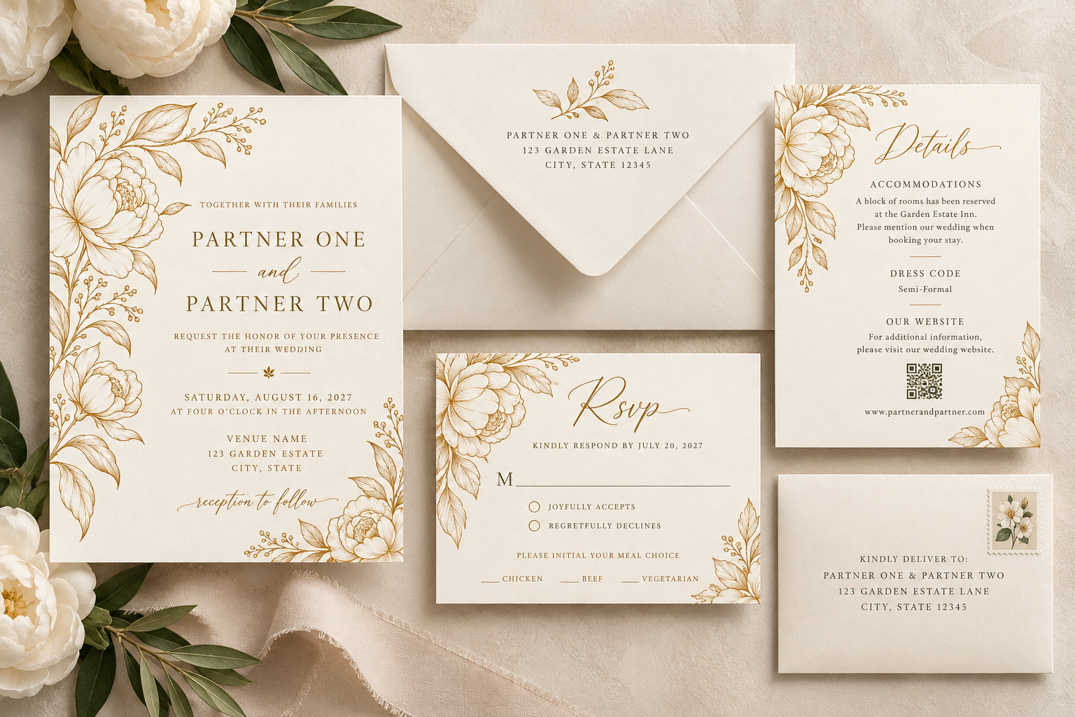 Cream and gold botanical wedding invitation suite with coordinating envelopes, RSVP and details cards