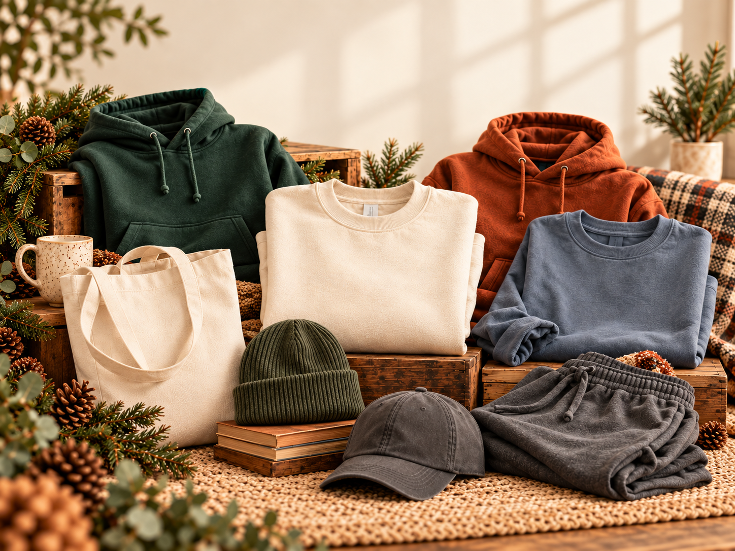 A coordinated assortment of hoodies, sweatshirts, and joggers in rich seasonal colors.
