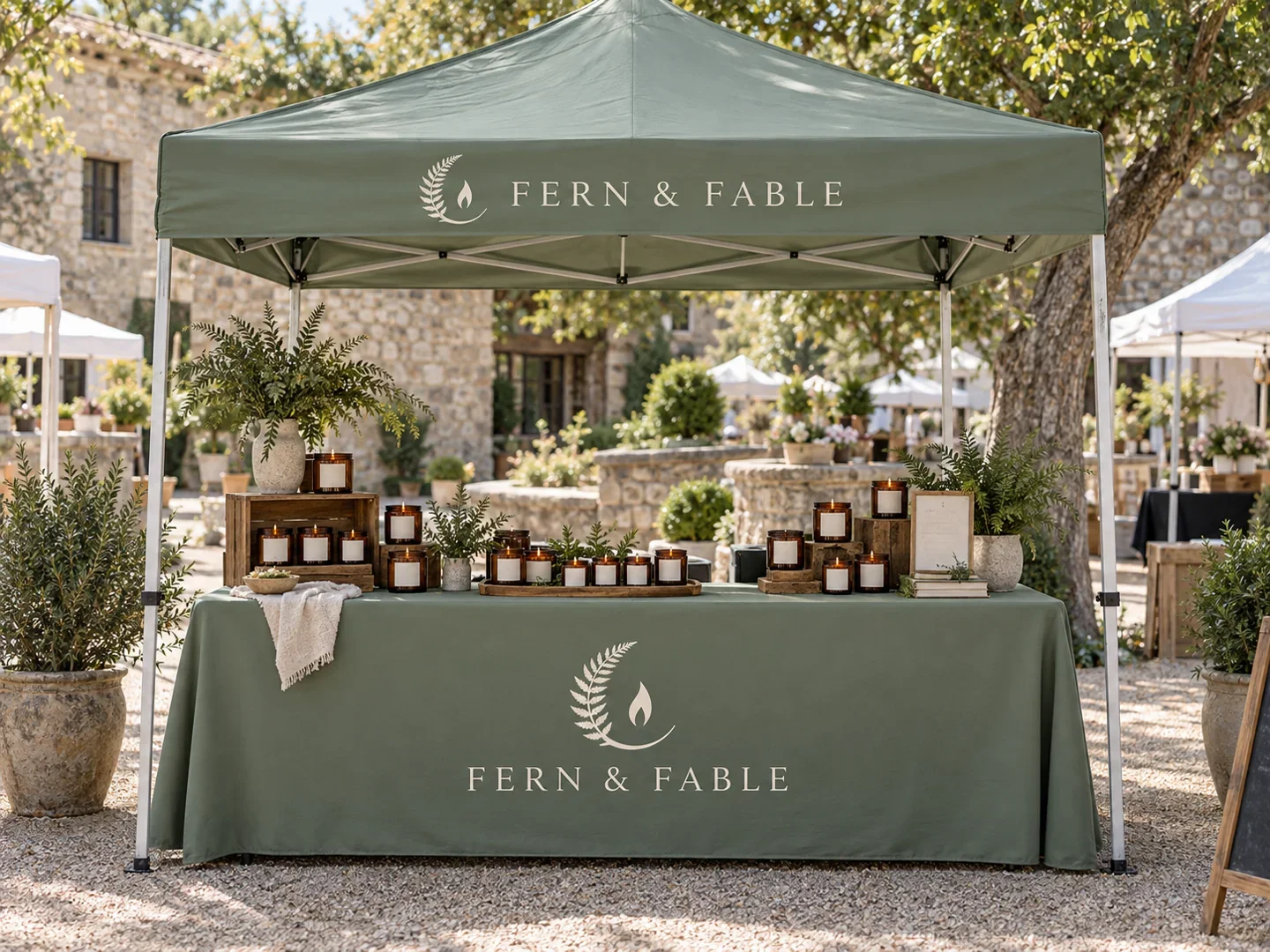 Fern & Fable illustrative event setup: Sage canopy + matching table cover