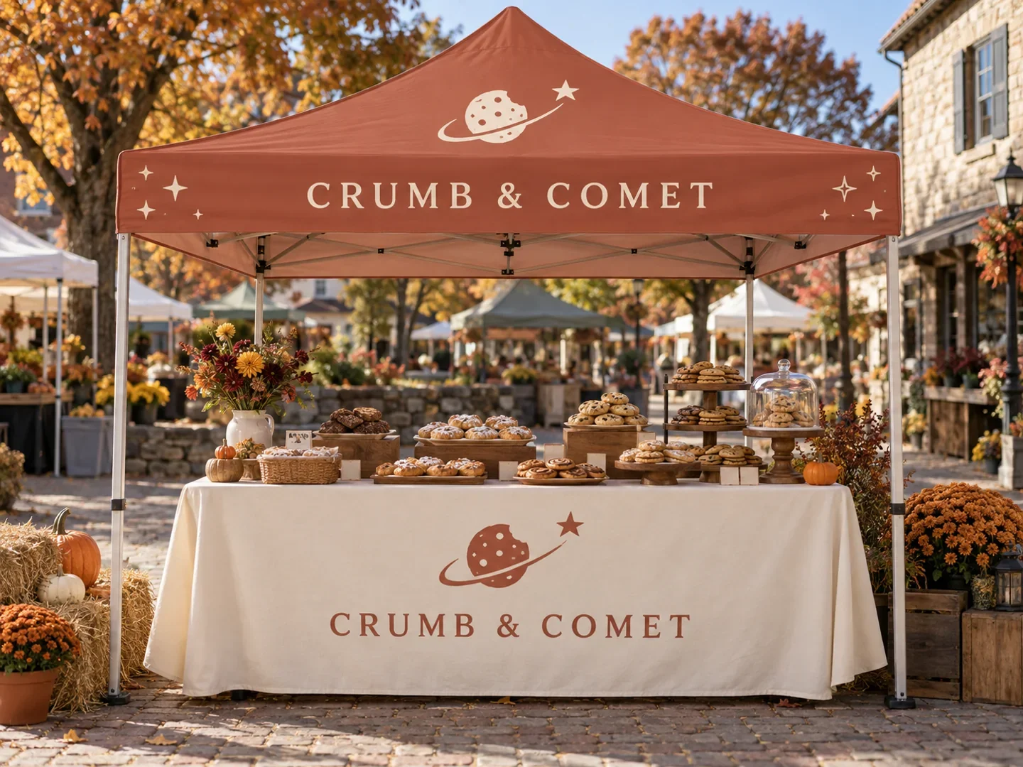 Crumb & Comet illustrative event setup: Terracotta canopy + coordinated setup