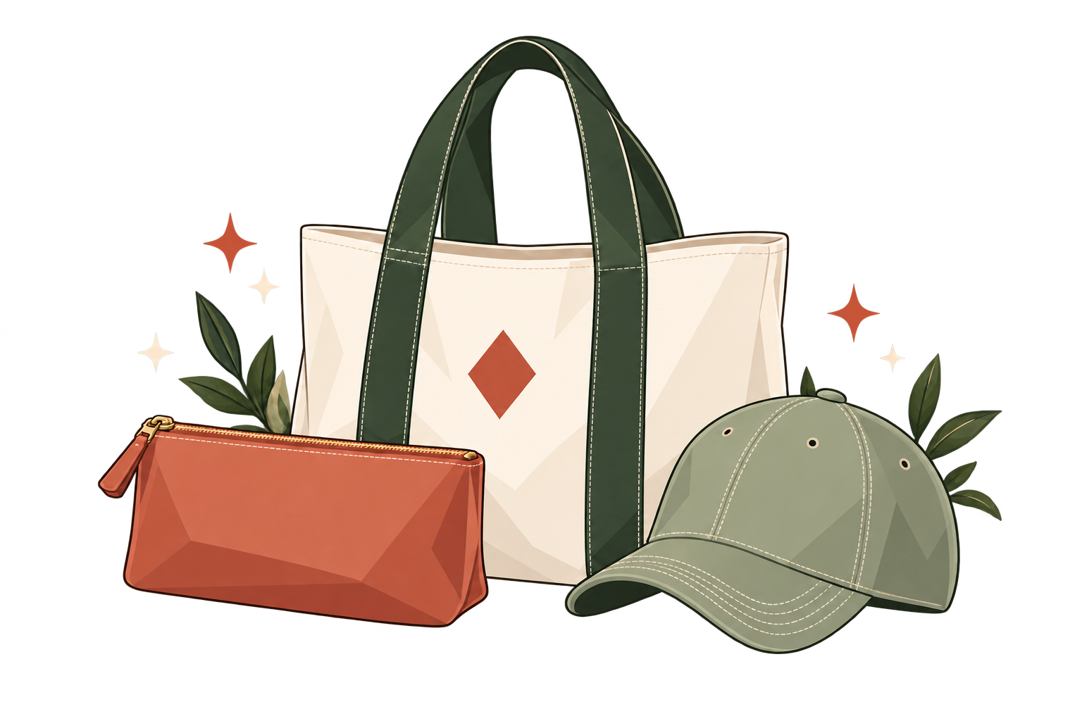 Illustrated forest-green hoodie and cream T-shirt with diamond emblems.
