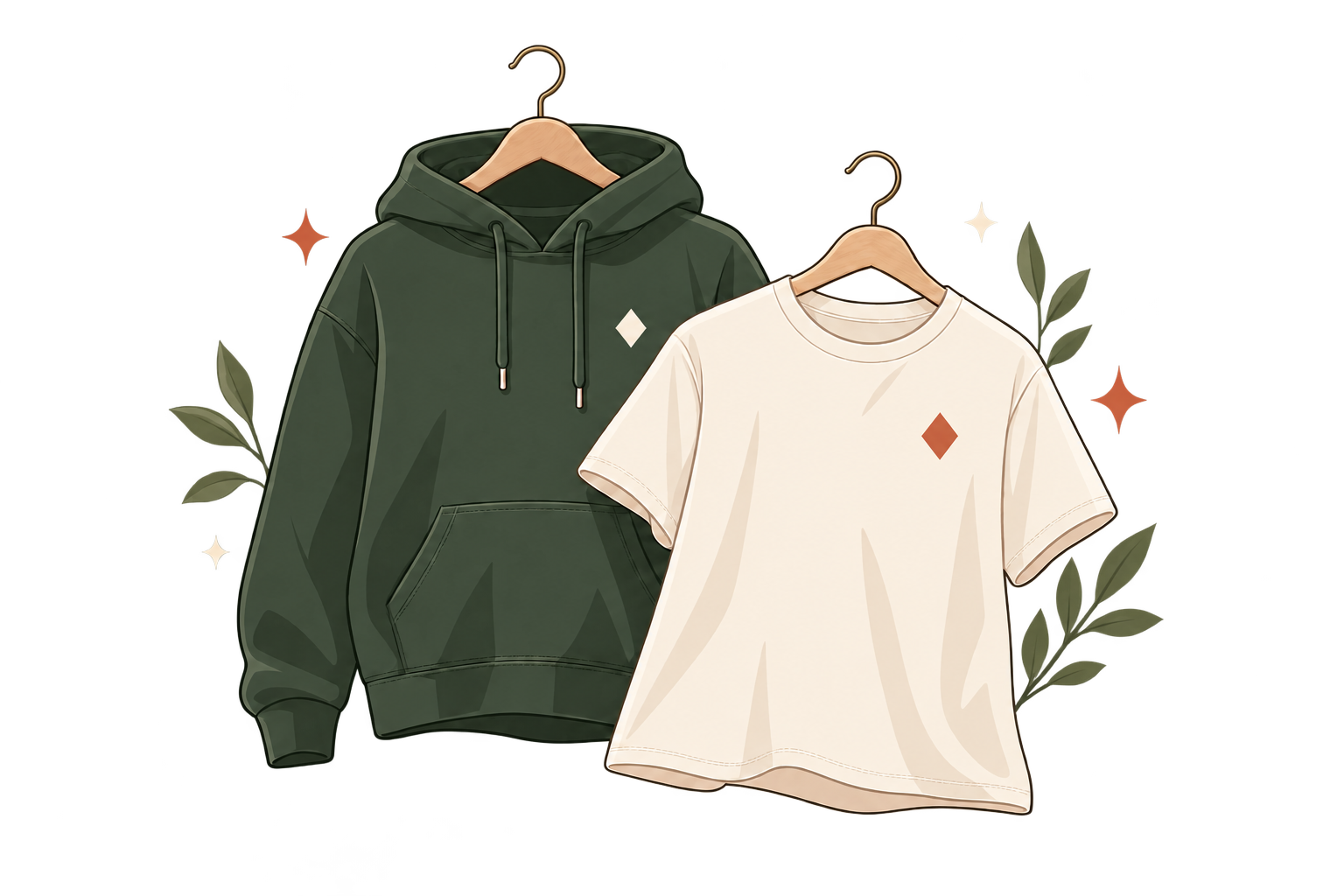 Illustrated canvas tote with a diamond emblem, terracotta pouch, and sage cap.