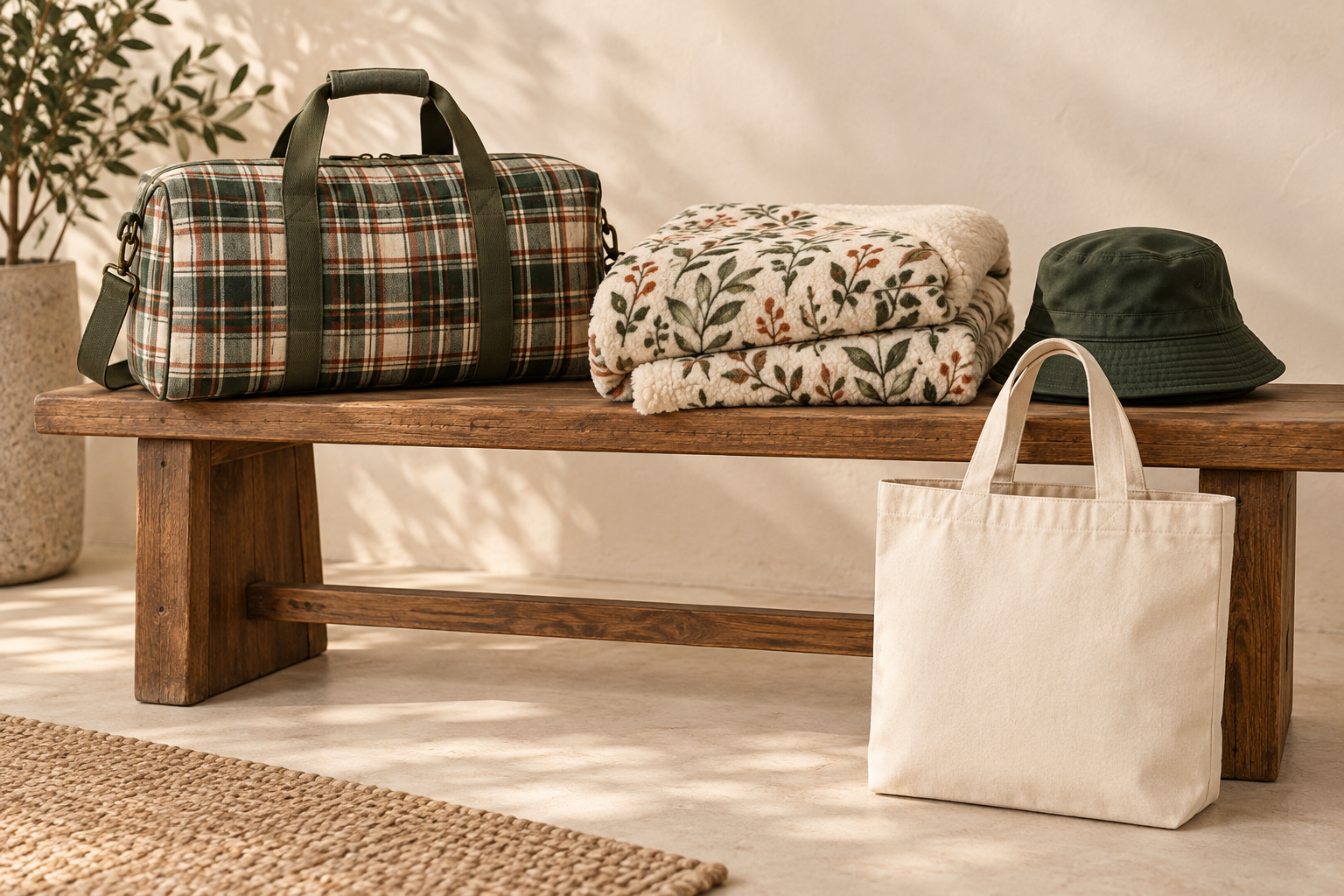 Plaid duffle bag, botanical blanket, forest bucket hat, and cream canvas tote on a wooden bench.