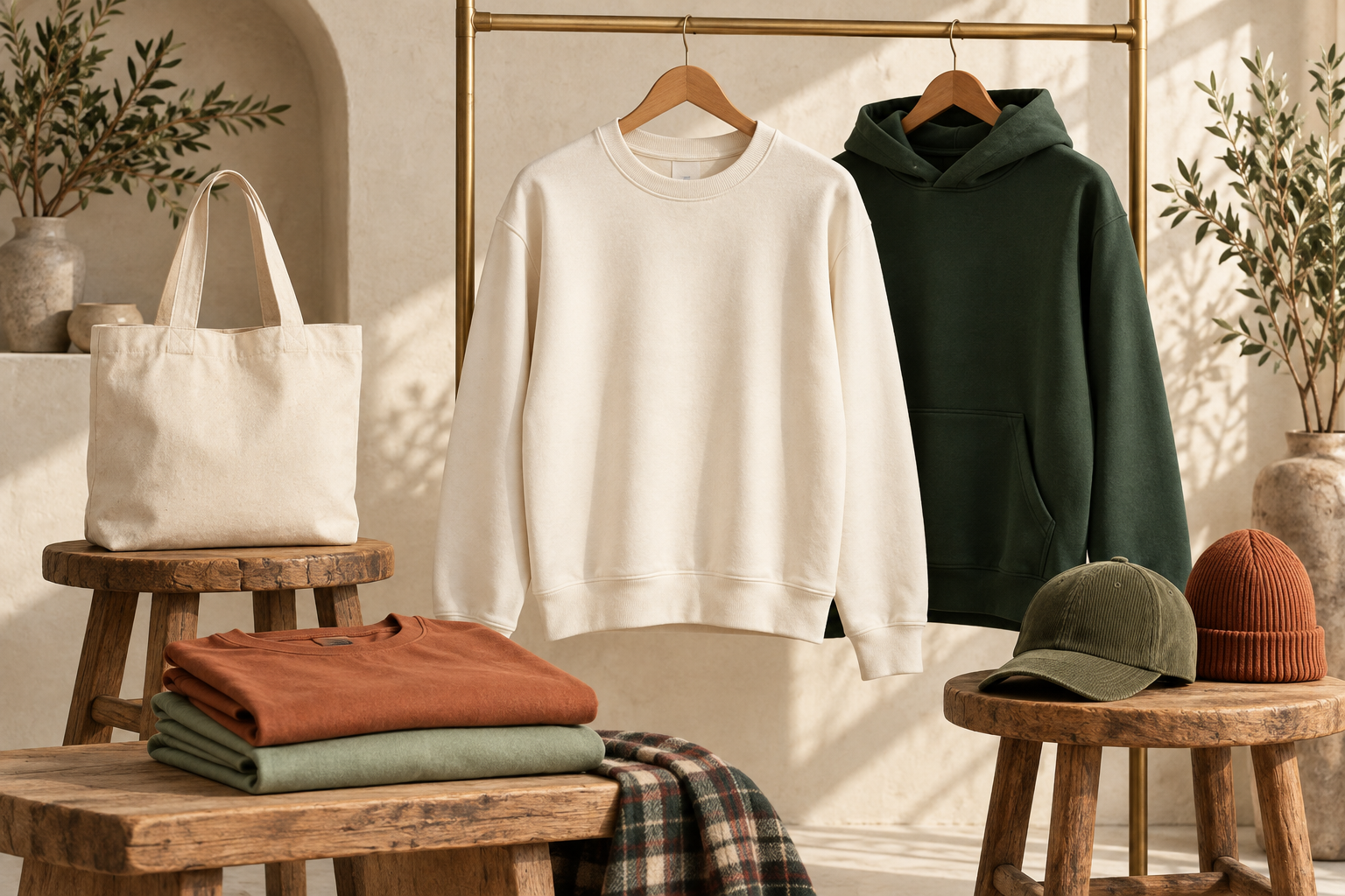 Cream sweatshirt, forest hoodie, canvas tote, folded tees, and hats in a warm studio setting.